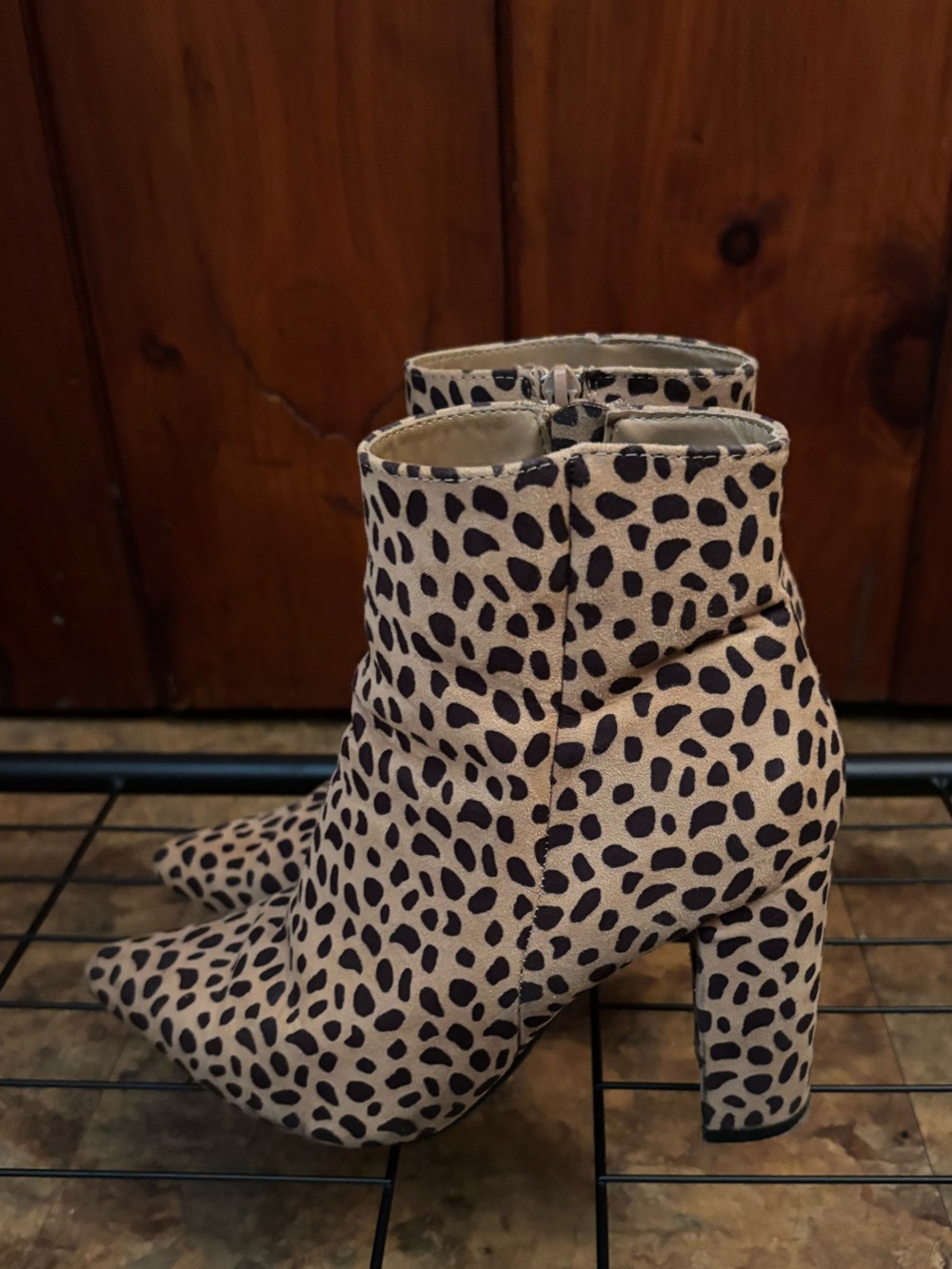 BAMBOO Beige and Black Dalmatian Print Pointed Ankle Boots